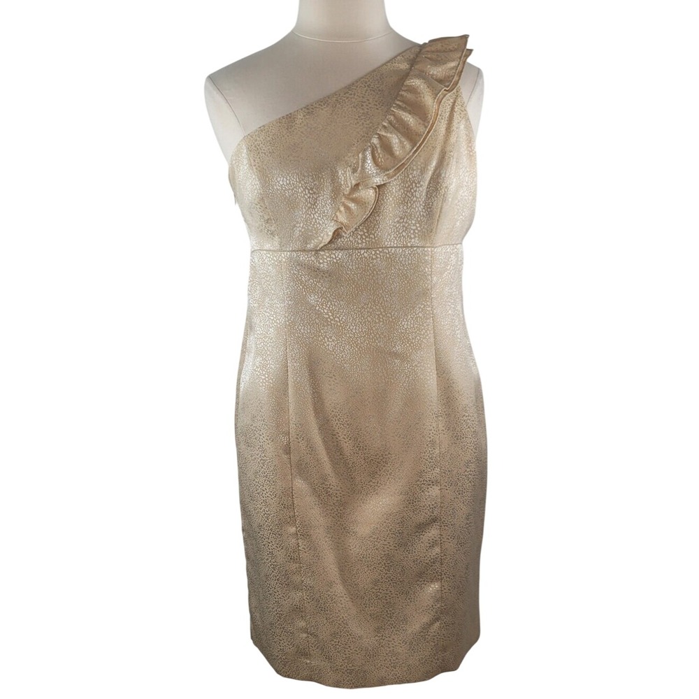 Evan Picone One-Shoulder Ruffle Metallic Gold Dress